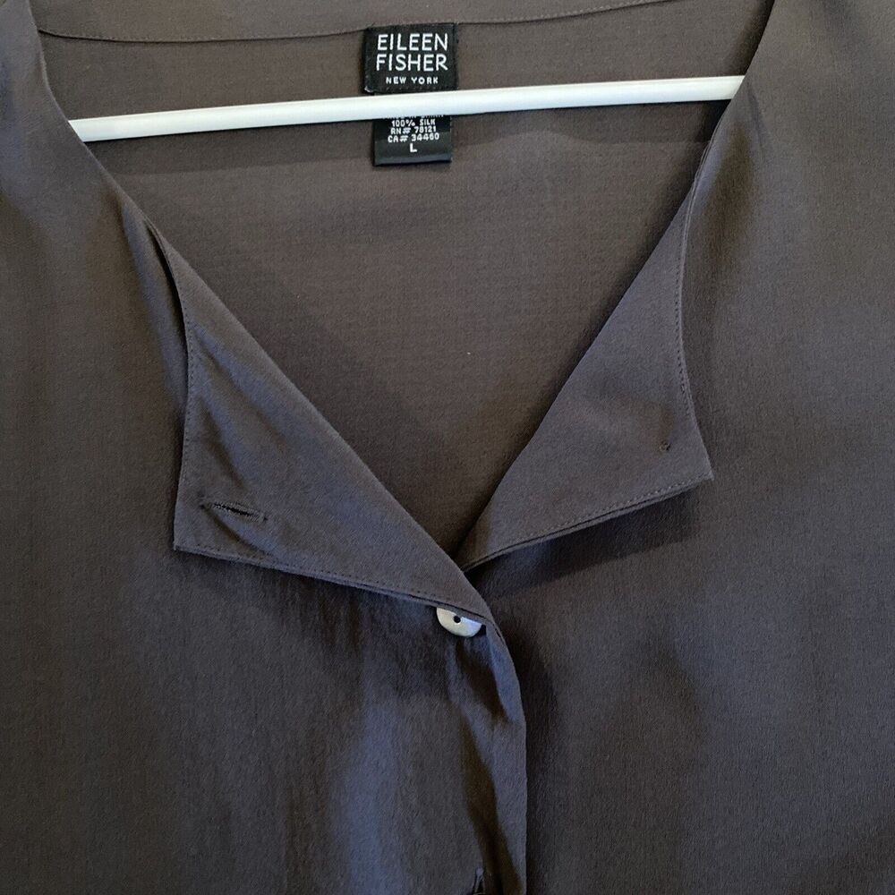 Eileen Fisher Silk L Brown Button Shirt Jacket Lightweight‎ Slits Sides - Picture 13 of 14